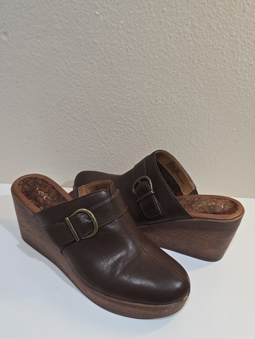 boc Dark Brown Leather Wedge Clogs with Buckle